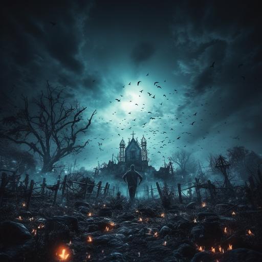 photo realistic, 4k, hand coming out of a grave, obey giant style background, holoween theme, bats, ghosts, gradient colour blends, industrial colors, spooky background --style raw --s 250