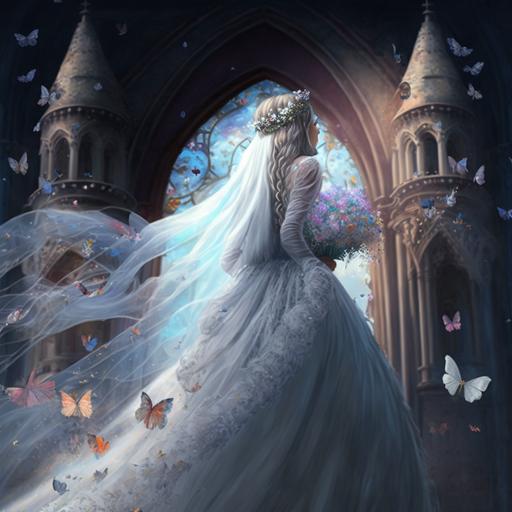 photo realistic, 8k, Cinderella, castle, iridescent, soft face, full body, butterflies, flowers, wedding dress, long veil