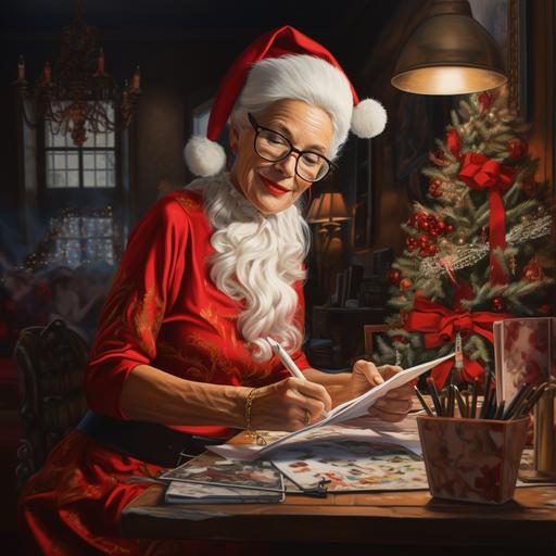 photo realistic, Mrs Clause, wearing a cocktail dress, painting Chrsitmas invitations for the mail, look strait up as if looking at the camera
