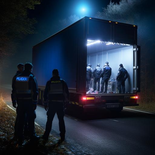 photo realistic, a container lorry on a motorway, back doors open, pulled over by UK police officers, girls hiding in the container being rescued, flashlights shining into the container.