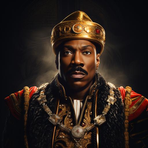 photo realistic art poster design of eddie murphy for comedy movie coming to america with funny looking character