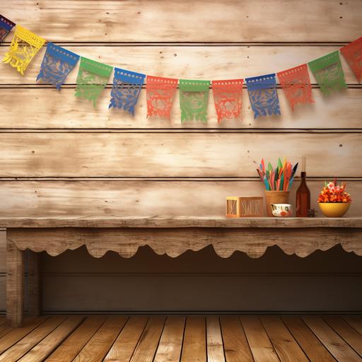 photo realistic, close up of a rustic wooden tabletop, realistic, with papel picado flags, hanging on a light colored, minimal, adobe texture backgroud