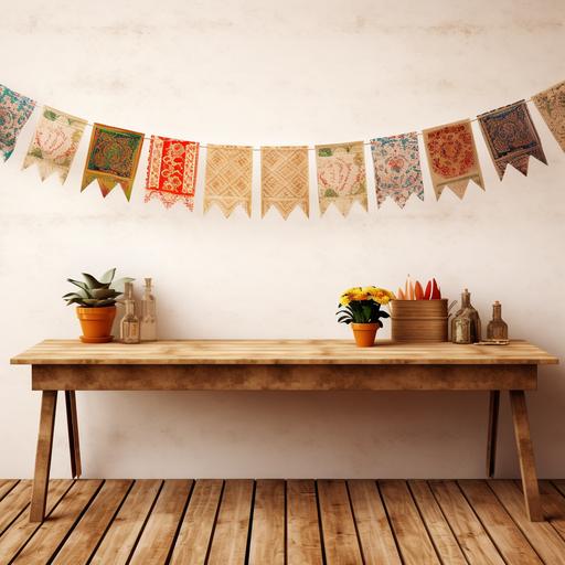 photo realistic, close up of a rustic wooden tabletop, realistic, with papel picado flags, hanging on a light colored, minimal, adobe texture backgroud
