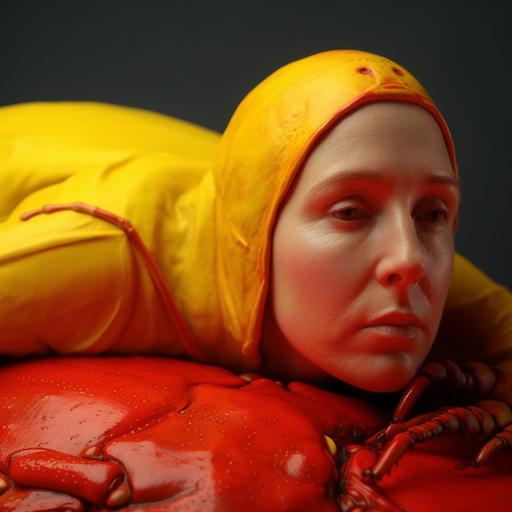 photo realistic detailed. A real Cockroache on face of beautiful laying woman in red melt butter sculpture. Cockroach real colors, full-body, 35mm zeiss, national geographic, photo awards winners. --s 666 --c 9 --v 5 --q 2