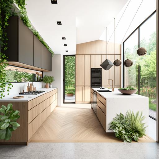 photo realistic front elevation view large space modern oak kitchen with full height Poliform wall cabinets, hyper realistic, white terrazzo floor, plants, biophilic design, light sun rays filtering in from top and side windows, green tropical landscape outside