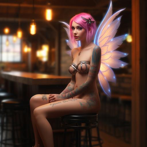photo-realistic, gorgeous runepunk fairy with pink hair, heavily tattooed, blue eyes, and pink toenails --v 5.2