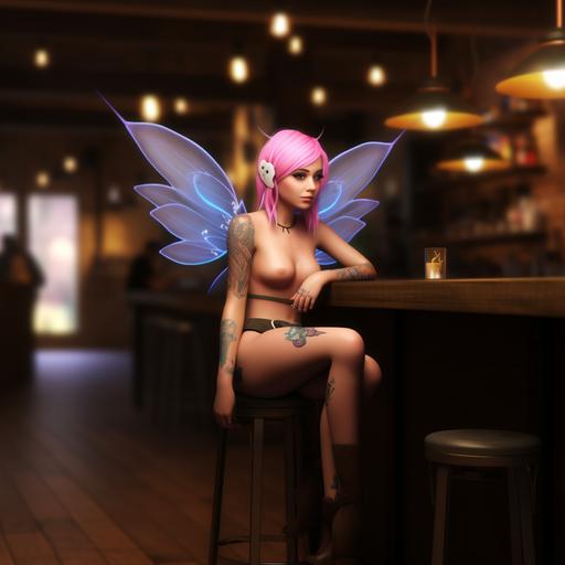 photo-realistic, gorgeous runepunk fairy with pink hair, heavily tattooed, blue eyes, and pink toenails --v 5.2