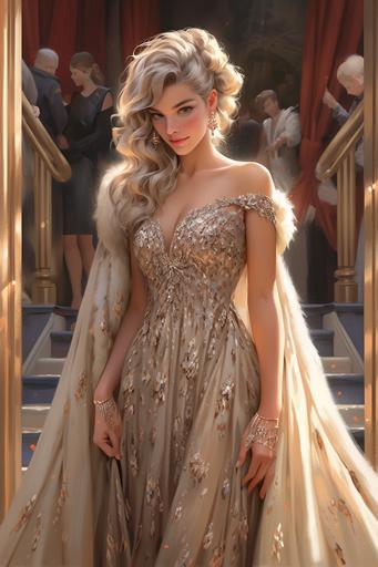 photo-realistic, hyper-realistic, in the style of stanley artgerm lau and amanda conner, the timeless beauty of the radiant noble princess laure-auguste de fitz-james, great-granddaughter of king james ii, is captured in the heliocentric glow of a gorgeous evening gown designed by alexander mcqueen, complete with sparkling jewels, standing in the gate where the morning sun rises, sun fire, sunlight, sci-fi, 8k --s 800 --niji 5 --ar 2:3