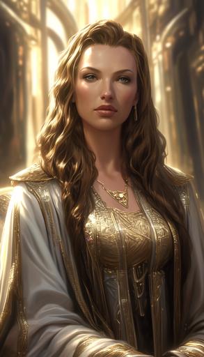 photo-realistic, hyper-realistic, in the style of stanley artgerm lau, boris vallejo, and gil elvgren, from her lofty, open-air golden imperial throne room, in the capital city of dam-torsad, the amarr empress jamyl sarum i, radiant in her white-gold glittering robe, beautiful and glorious, sits in judgment over too many wizards, eve online, 8k --ar 4:7 --s 800 --niji 6