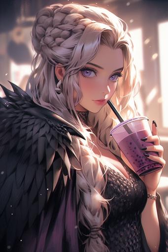 photo-realistic, hyper-realistic, in the style of stanley artgerm lau and amanda conner, queen daenerys targaryen, mother of dragons, with purple eyes and draped in fur blankets, drinks boba tea in her private firelit chambers, game of thrones, 8k --s 800 --niji 5 --ar 2:3