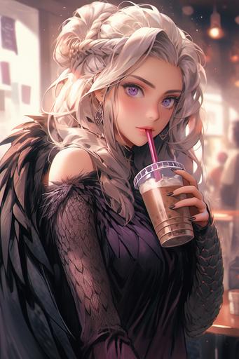 photo-realistic, hyper-realistic, in the style of stanley artgerm lau and amanda conner, queen daenerys targaryen, mother of dragons, with purple eyes and draped in fur blankets, drinks boba tea in her private firelit chambers, game of thrones, 8k --s 800 --niji 5 --ar 2:3