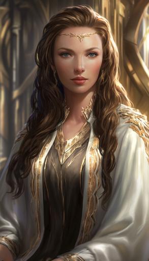 photo-realistic, hyper-realistic, in the style of stanley artgerm lau, boris vallejo, and gil elvgren, from her lofty, open-air golden imperial throne room, in the capital city of dam-torsad, the amarr empress jamyl sarum i, radiant in her white-gold glittering robe, beautiful and glorious, sits in judgment over too many wizards, eve online, 8k --ar 4:7 --s 800 --niji 6
