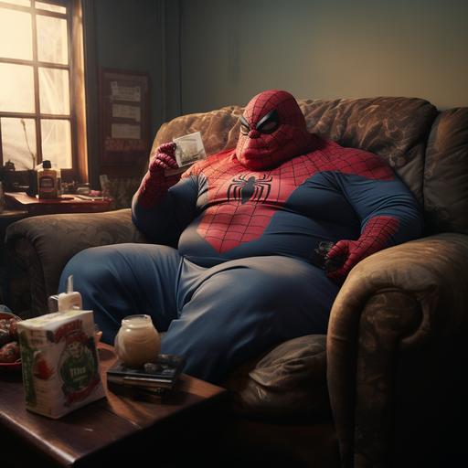 photo realistic image of fat Spider-man sitting on a couch eating chips
