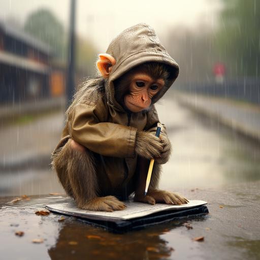 photo realistic image of wet baby monkey sitting on a road in the rain writing with pencil in a notebook