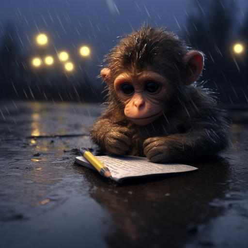photo realistic image of wet baby monkey sitting on a road in the rain writing with pencil in a notebook