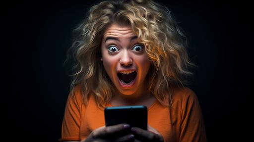 photo realistic image that depicts tired social media fan girl with shaggy hair, and eyes popped. Holding phone. Weird grin. Making eye contact (FACE ONLY). Eyes opened and clearly visible. Saturated color and maximum vibrance. Pure Black Background. Hyper realistic image shot on a Sony a7r V mirrorless camera, DSLR, 50mm lens f/2.8, ultra detailed, high resolution, 8k --ar 16:9