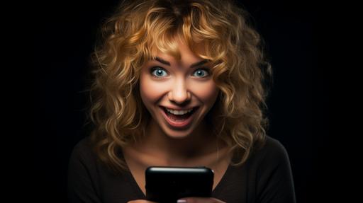 photo realistic image that depicts tired social media fan girl with shaggy hair, and eyes popped. Holding phone. Weird grin. Making eye contact (FACE ONLY). Eyes opened and clearly visible. Saturated color and maximum vibrance. Pure Black Background. Hyper realistic image shot on a Sony a7r V mirrorless camera, DSLR, 50mm lens f/2.8, ultra detailed, high resolution, 8k --ar 16:9