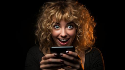 photo realistic image that depicts tired social media fan girl with shaggy hair, and eyes popped. Holding phone. Weird grin. Making eye contact (FACE ONLY). Eyes opened and clearly visible. Saturated color and maximum vibrance. Pure Black Background. Hyper realistic image shot on a Sony a7r V mirrorless camera, DSLR, 50mm lens f/2.8, ultra detailed, high resolution, 8k --ar 16:9