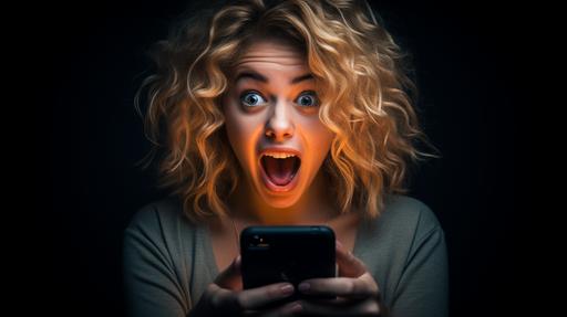 photo realistic image that depicts tired social media fan girl with shaggy hair, and eyes popped. Holding phone. Weird grin. Making eye contact (FACE ONLY). Eyes opened and clearly visible. Saturated color and maximum vibrance. Pure Black Background. Hyper realistic image shot on a Sony a7r V mirrorless camera, DSLR, 50mm lens f/2.8, ultra detailed, high resolution, 8k --ar 16:9