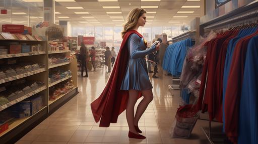photo realistic image, women in regular clothes with a super hero cape in the shoe aisle trying on women's shoes --ar 16:9