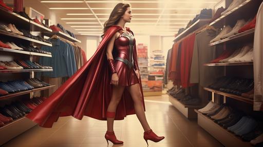 photo realistic image, women in regular clothes with a super hero cape in the shoe aisle trying on women's shoes --ar 16:9
