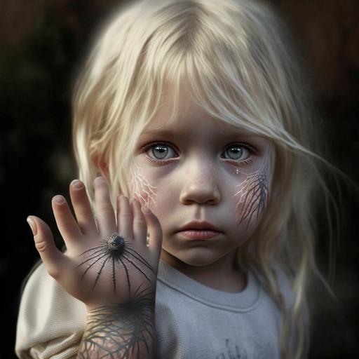 photo realistic innocent looking small blond girl, she has her palm outstretched toward the viewer, on her hand is a small spider tattoo, in the background is a large spider web --s 250