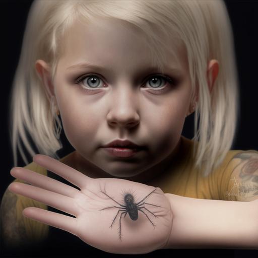 photo realistic innocent looking small blond girl standing, she has her palm outstretched toward the viewer, on her natural looking hand is a small spider tattoo, in the background is a large spider web