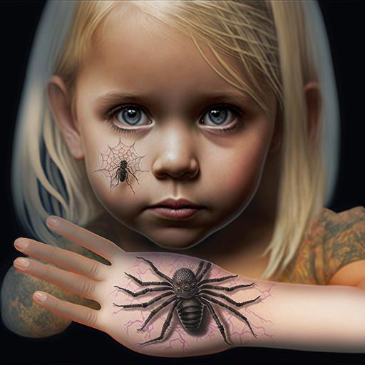 photo realistic innocent looking small blond girl standing, she has her palm outstretched toward the viewer, on her natural looking hand is a small spider tattoo, in the background is a large spider web
