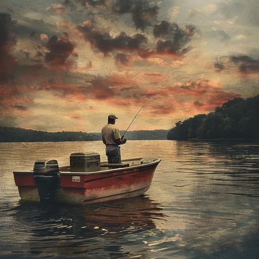 photo realistic man on bass boat, lake of the Ozarks, Missouri, fishing, dawn, red boat, cooler in boat, catching a fish,f2.8, 50mm