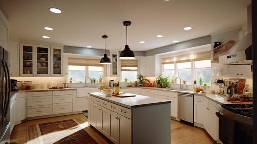 photo realistic modern kitchen, recessed lights, led on, bright kitchen, white cabinets, cream white design, lower angle shot, 5000k, 8k, crisp, --q 1 --ar 16:9
