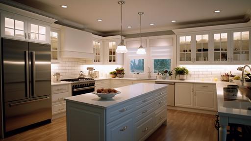photo realistic modern kitchen, recessed lights, recessed shining light, led on, bright kitchen, white cabinets, cream white design, lower angle shot, close shot, 5000k, 8k, crisp, --q 1 --ar 16:9