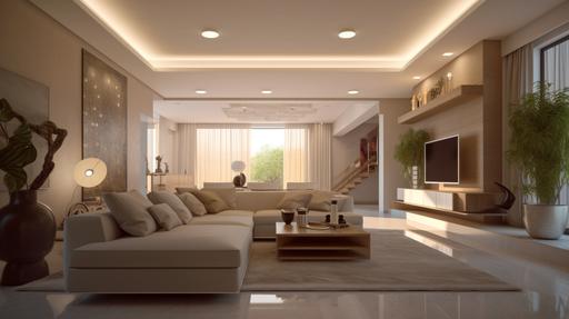 photo realistic modern living room, recessed lights, high ceiling, recessed glowing light, led on, bright living room, cream white design, lower angle shot, close shot, 5000k, 8k, crisp, --q 1 --ar 16:9
