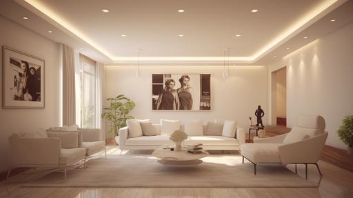 photo realistic modern living room, recessed lights, high ceiling, recessed glowing light, led on, bright living room, cream white design, lower angle shot, close shot, 5000k, 8k, crisp, --q 1 --ar 16:9