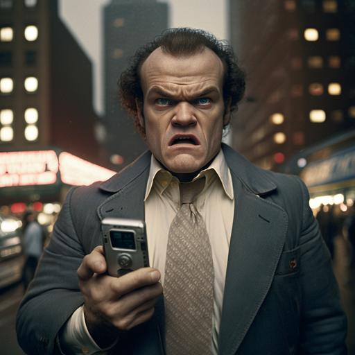 photo realistic, portrait, portrait of a manager, 35mm, photography, shot with kodak, flash light, holding a 80s mobile phone, angry face, new york