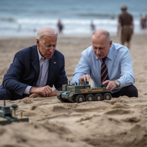 photo, realistic, president Putin and president Biden playing with toy tanks on the beach. nikon z9 com lente 85mm. --v 5 --q 2 --s 750