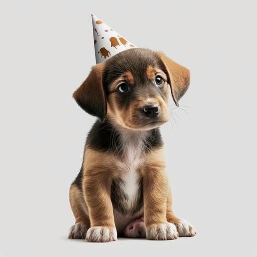 photo realistic puppy, happy, birthday hat, 8K, 35mm quality, transparent background.