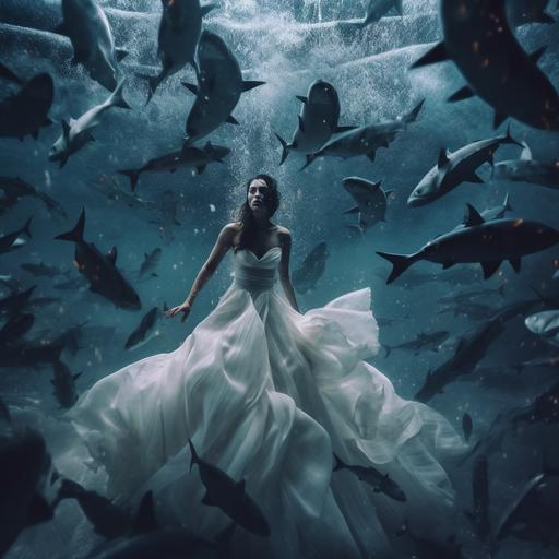 photo realistic render of underwater world with sharks everywhere, scary, creepy, hyper detailed, color graded, dark, with a lady swimming with a black long wedding dress, cinematic colors