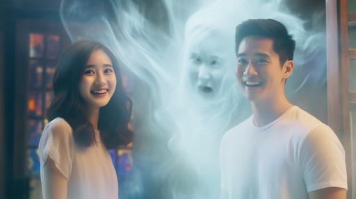 photo realistic, romantic comedy between a young asian woman and a handsome asian male ghost, funny, smiling, bright morning, bright colors, --ar 16:9