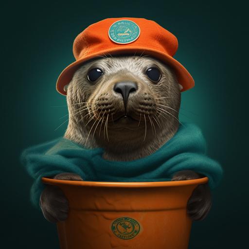 photo realistic seal with a teal polo and an orange bucket hat eating a popsickle
