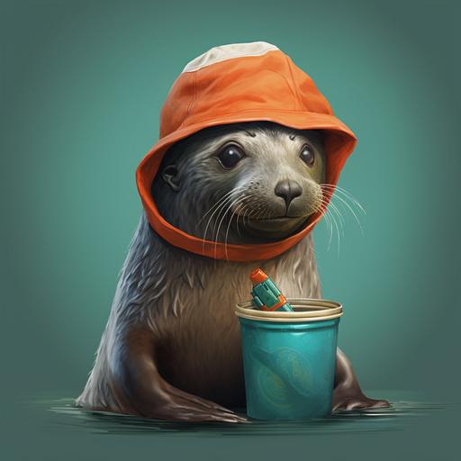 photo realistic seal with a teal polo and an orange bucket hat eating a popsickle