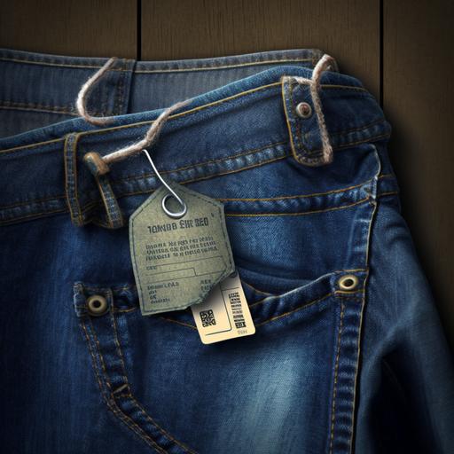 photo realistic, woman's jeans tagged with blank sales tag, string, on hanger, close up