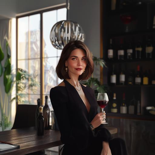 photo realistic. Woman with brown bob hair, dressed formally, with a glass of red wine. In her modern office. capture with a digital camera --v 6.0