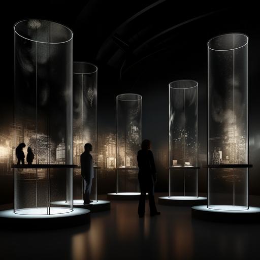 photo-realistic,large dark space, minimal metal cylindrical wire pedestals for display, with pieces of furniture displayed on the pedestals. perimeter walls are high definition screens showing furniture displayed at much greater detail, silhouettes of people in space