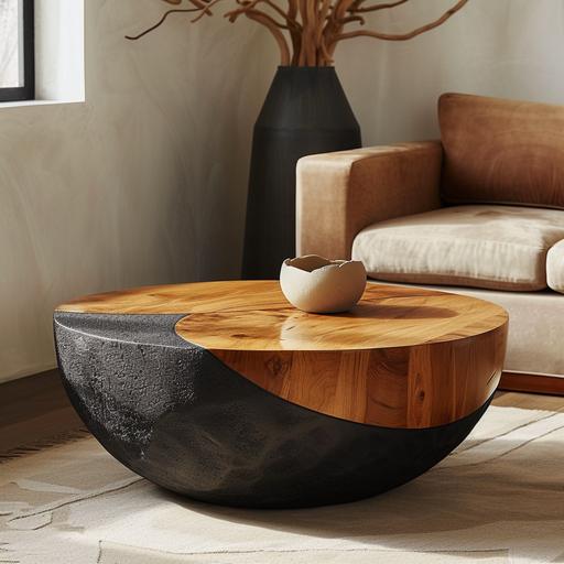 photo, round Aztec sheesham wood and black volcanic concrete coffee table with a halftone spherical sculpture, west elm, rustic --v 6.0 --s 250