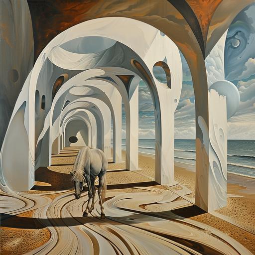 salvador dali's painting with an image of a horse, in the style of surreal architectural landscapes, large-scale canvas, , dreamlike horizons, ivory, blown-off-roof perspective, arched doorways --s 250