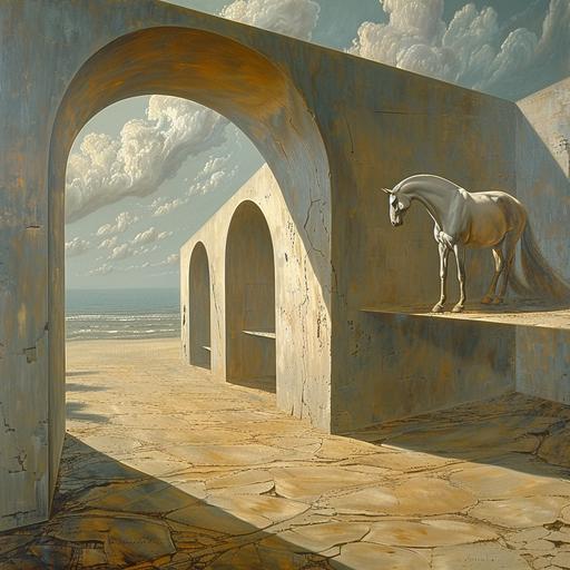 salvador dali's painting with an image of a horse, in the style of surreal architectural landscapes, large-scale canvas, , dreamlike horizons, ivory, blown-off-roof perspective, arched doorways --s 250