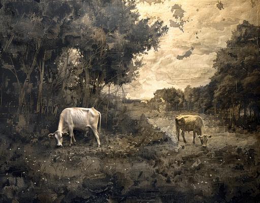 sepia painting shows cows grazing in a field near trees, in the style of camille corot, romantic ruins, alessio albi, xu beihong, ferrania p30, trompe-l'œil, happenings --ar 32:25