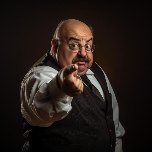 photo studio portrait of fat smelly sleezy restaurant boss balding with glasses and mustache yelling pointing finger at you
