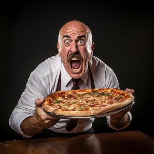 photo studio portrait of sleezy pizza restaurant boss bald with mustache yelling