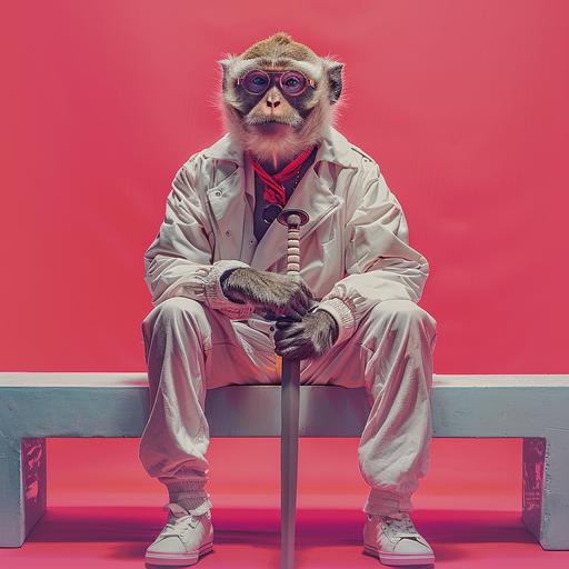 photo surrealism, a vibrant pink background, a space Pirate monkey sits on a white bench while holding his tail and sharpens the tip of his tail into a formidable weapon, whimsical evil expression at the camera as he sharpens his tail --v 6.0 --s 250